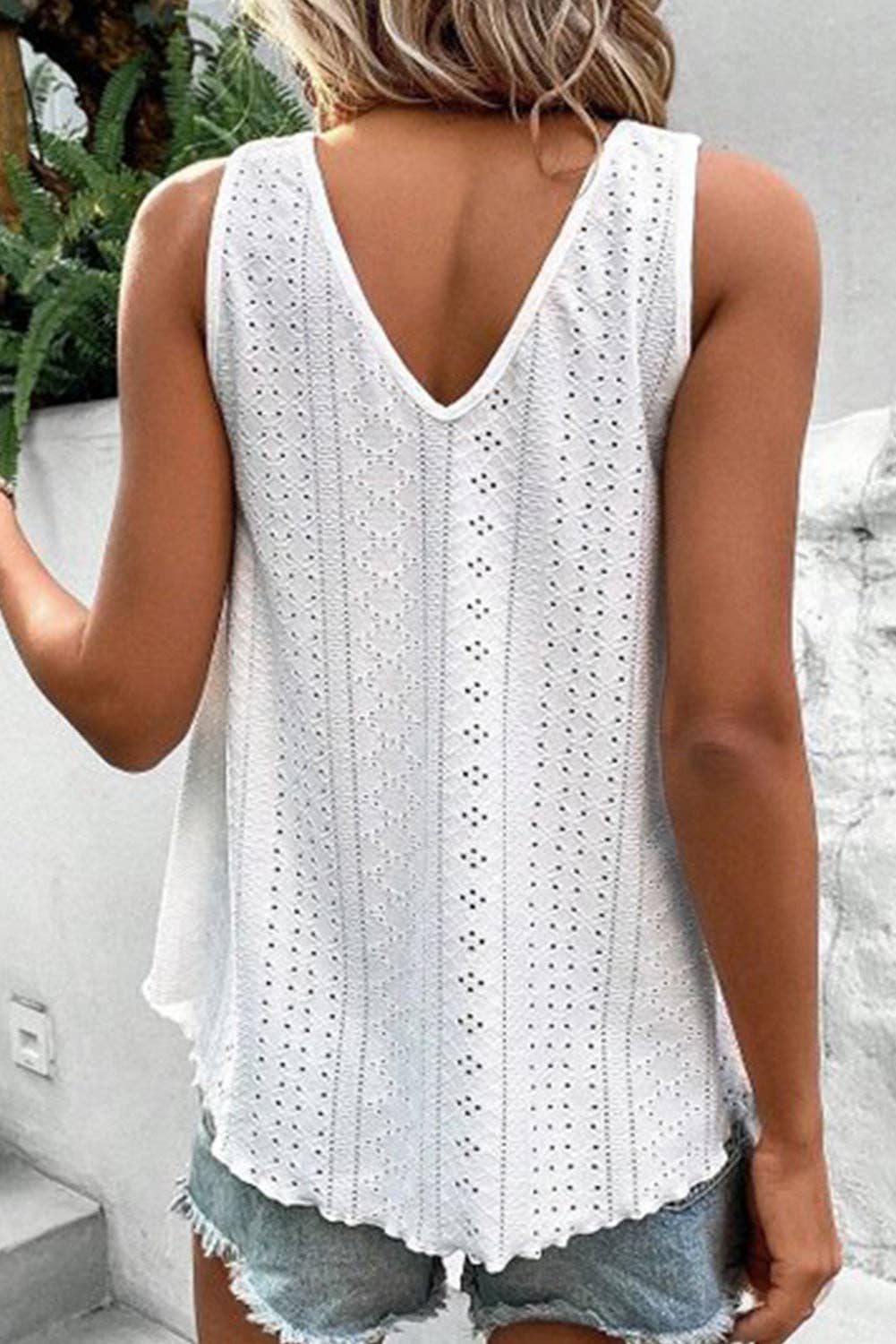 White V Neck Eyelet Lace Tank Top