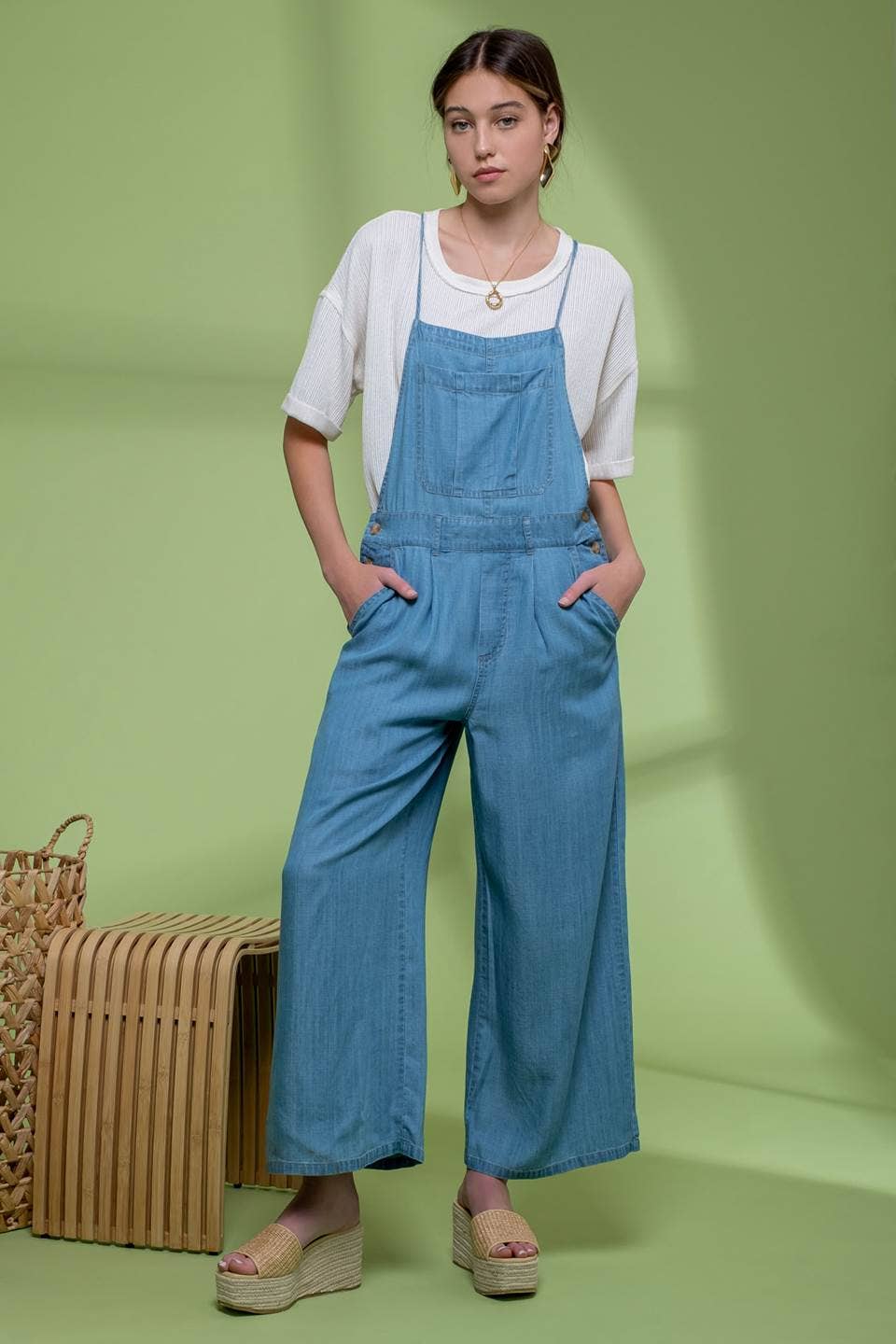 Wide leg chambray overalls