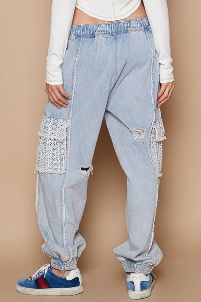 Tie waistband contrast crochet joggers