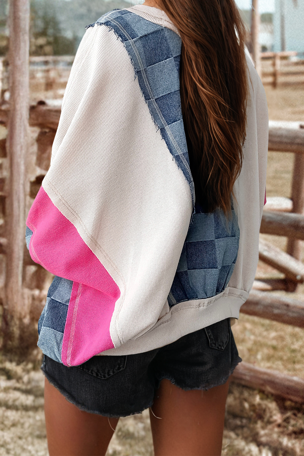Checkered Denim Exposed Seam Patch Sweatshirt