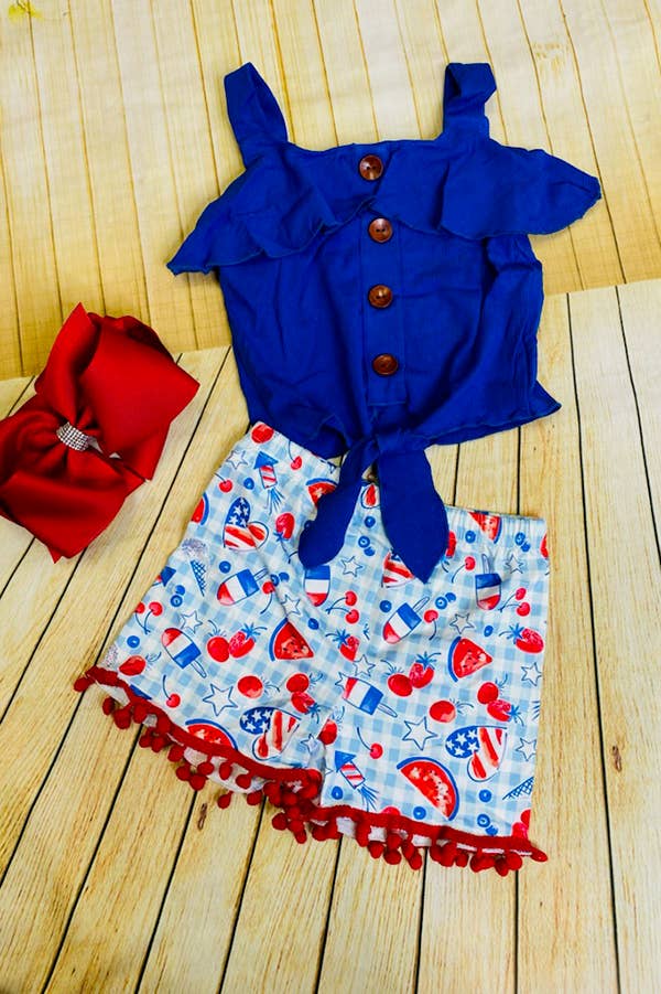 luluclothes - DLH2355 4TH JULY blue top & Stars Striped short girls sets: XXXL