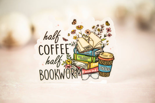 Savannah and James Co - Half Coffee Half Bookworm, Floral Vinyl Sticker, 3x3 in.