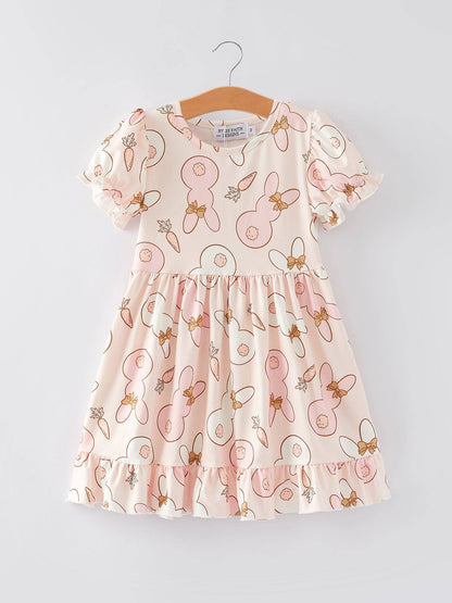Rabbit Carrot Print Ruffle Girls Dress