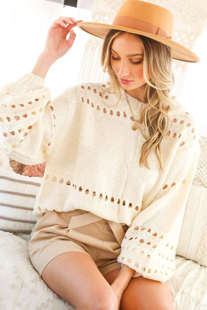 Balloon sleeved open-knit sweater top