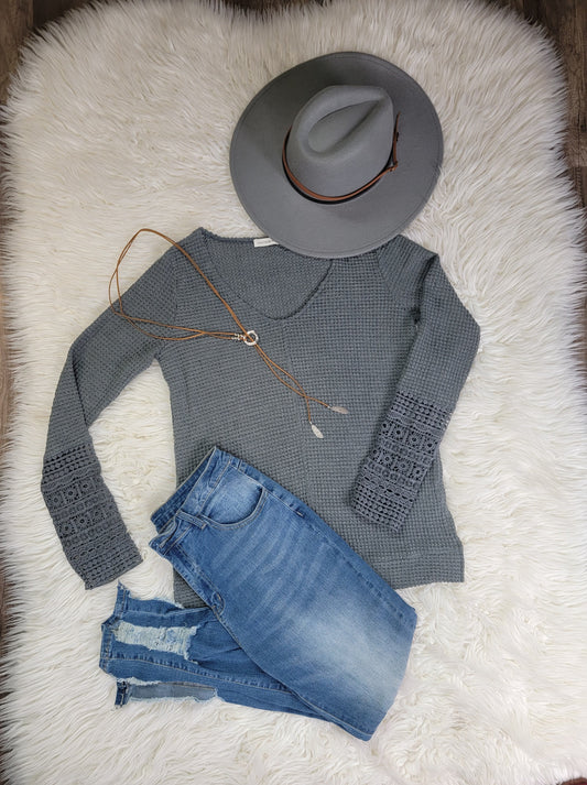 Teal Waffle Lace Casual Long Sleeve