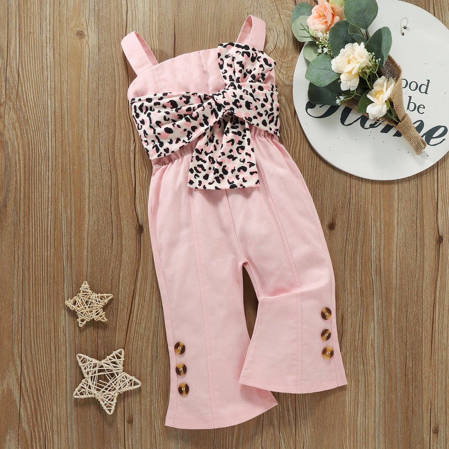 Denim Leopard Print Bow Decor Sleeveless Baby Overalls