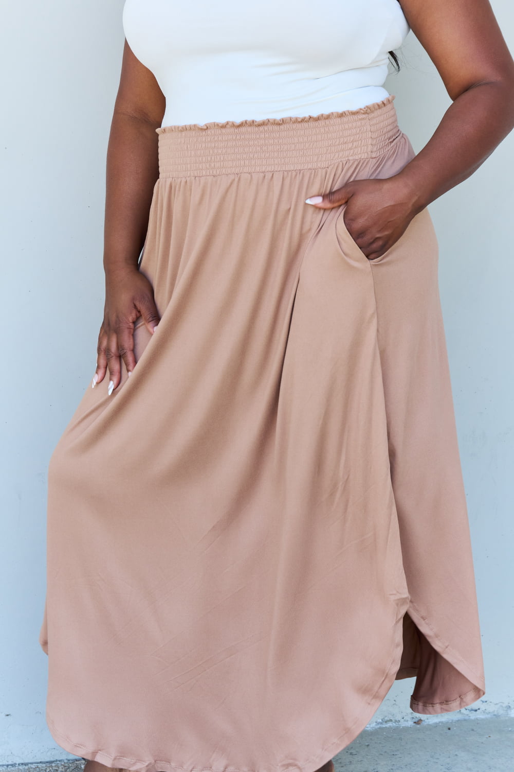 Doublju Comfort Princess Full Size High Waist Scoop Hem Maxi Skirt in Tan