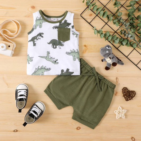 PatPat - 2pcs Baby Boy  Dinosaur Sleeveless Tank Top  Shorts Set