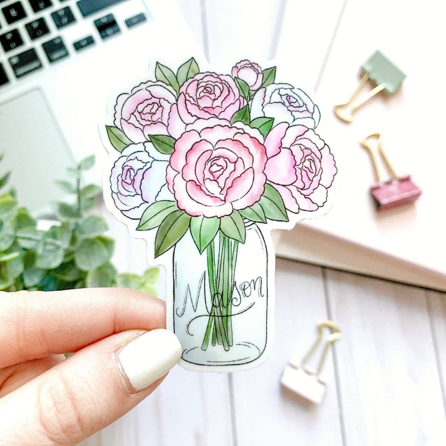 Mason Jar Peonies Watercolor Sticker, 3x2.25in