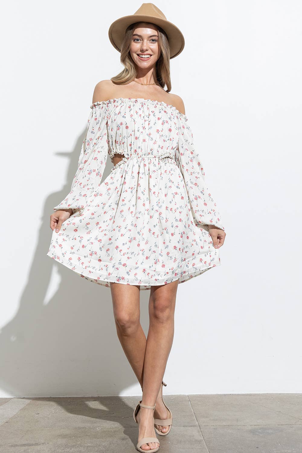 Floral Off the Shoulder Cut Out Ruffle Mini Dress