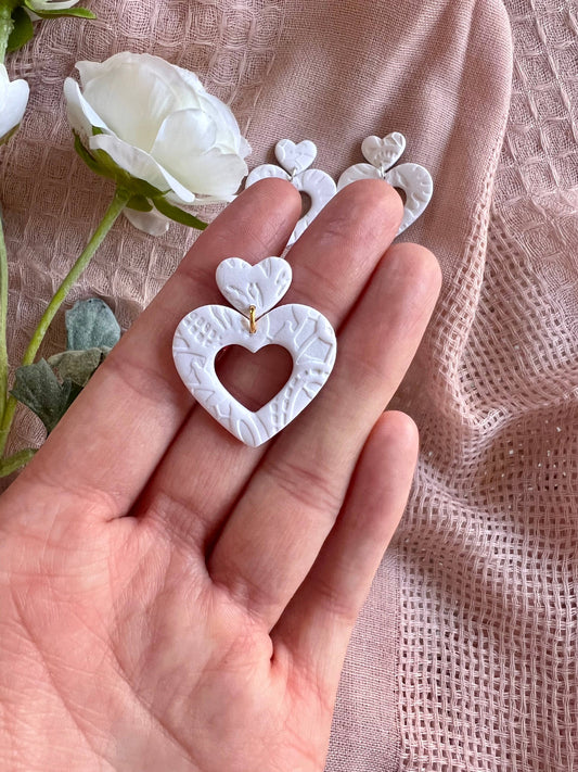 Lace Heart Clay Earrings: Gold rings