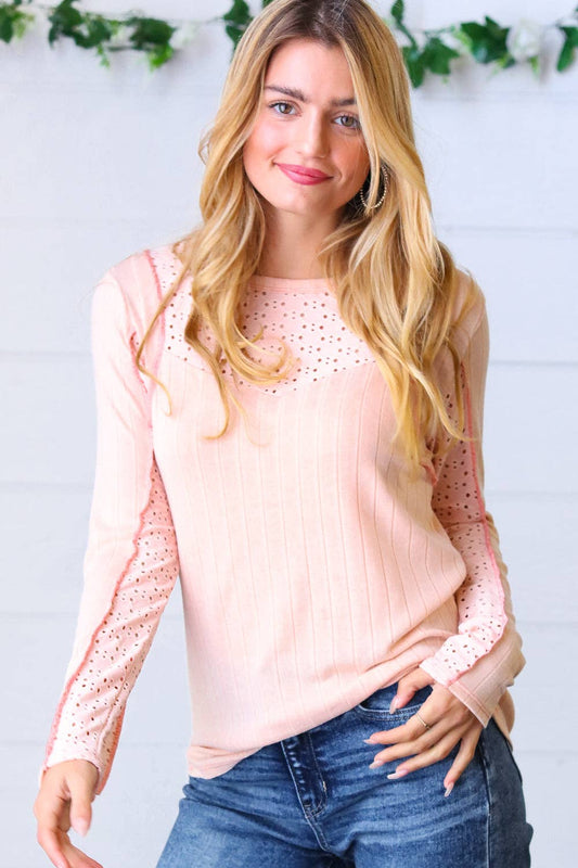 Peach Wide Rib Knit Eyelet Yoke To