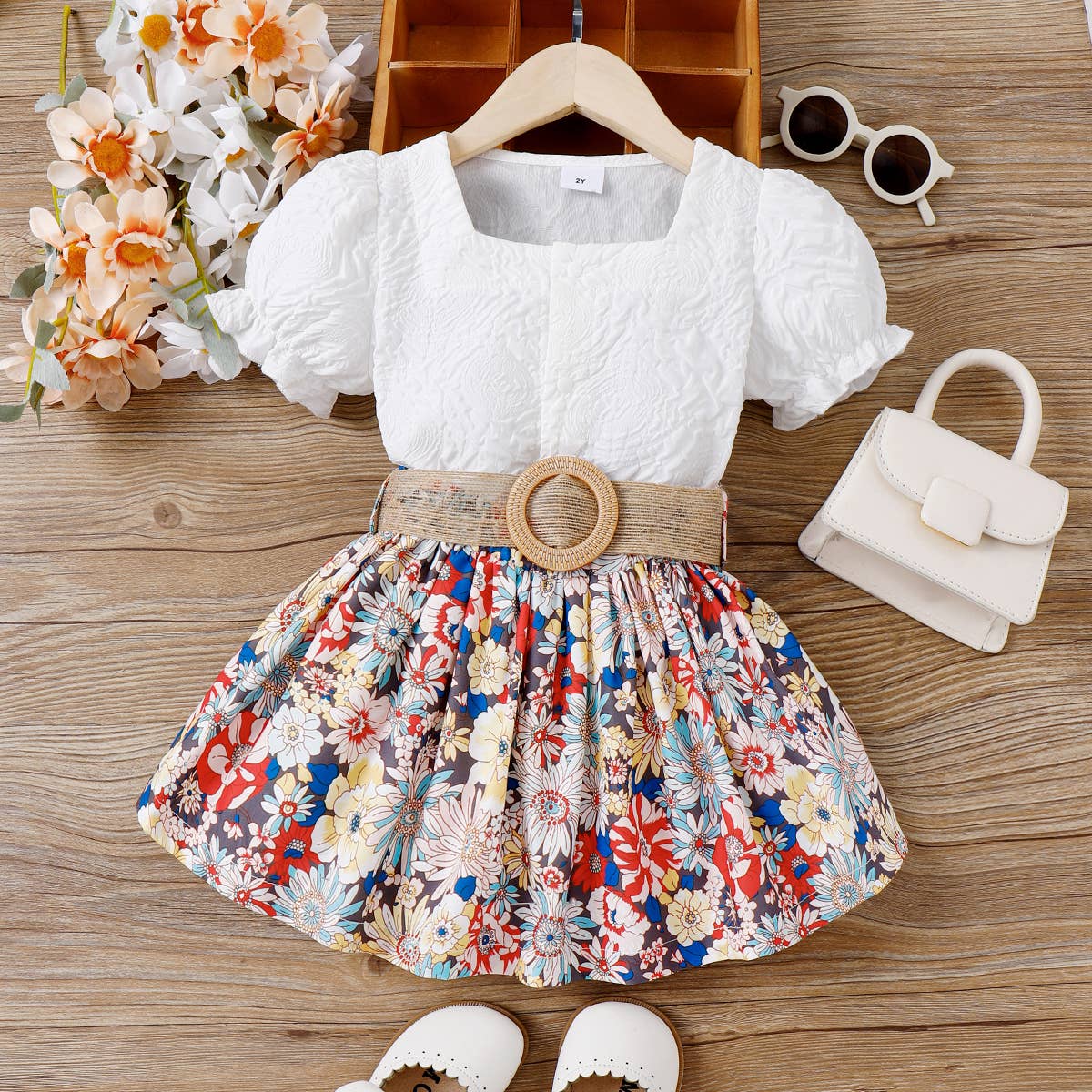 Square Neck Textured Top and Floral Belted Skirt Set